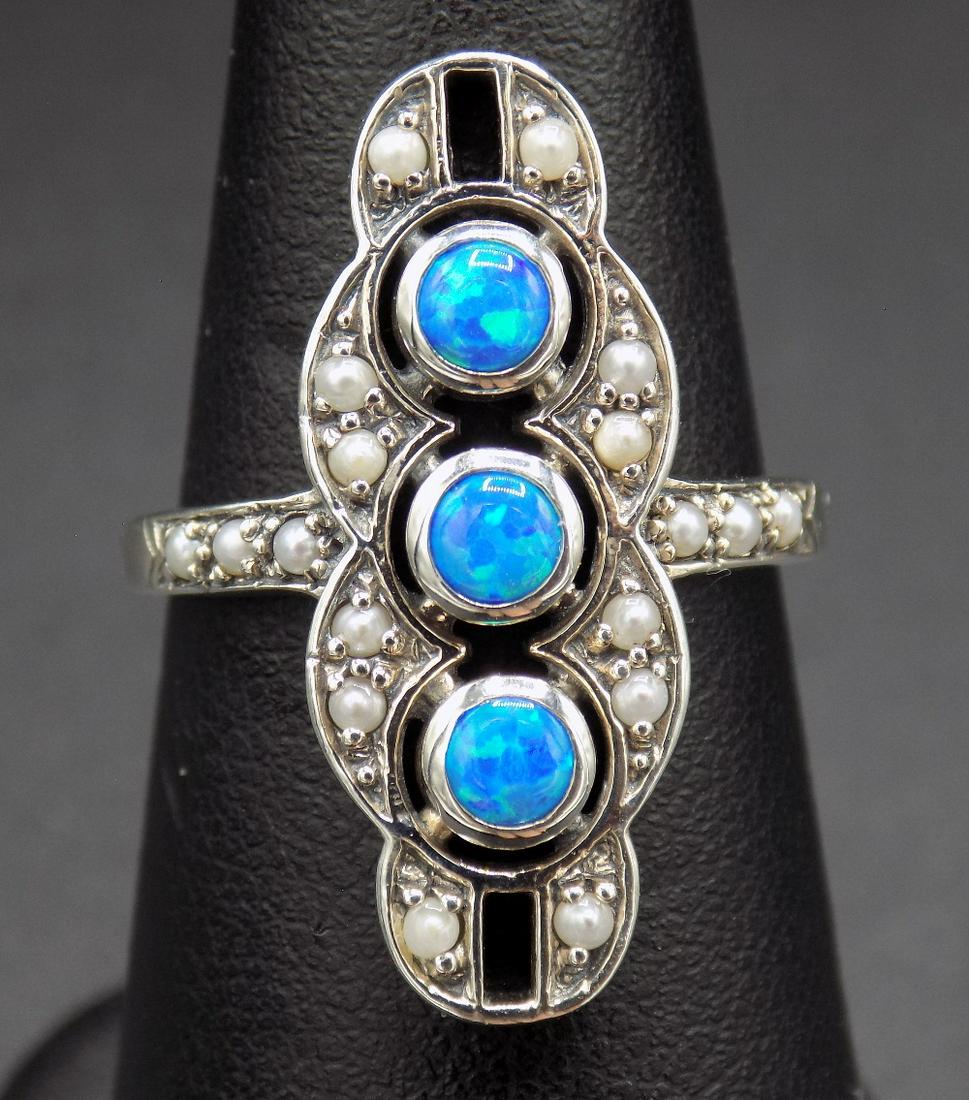 Beautiful blue fire opal & pearl sterling Ring. (1 of 5)