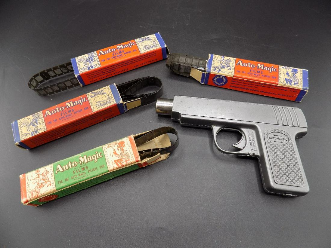 Rare Auto Magic film Gun. With original films in: Rare Auto Magic film Gun. With original films in original boxes. Cowboys and Black memorabilia included. Good working condition. Look down barrel, when you pull trigger, light comes on to show film. P