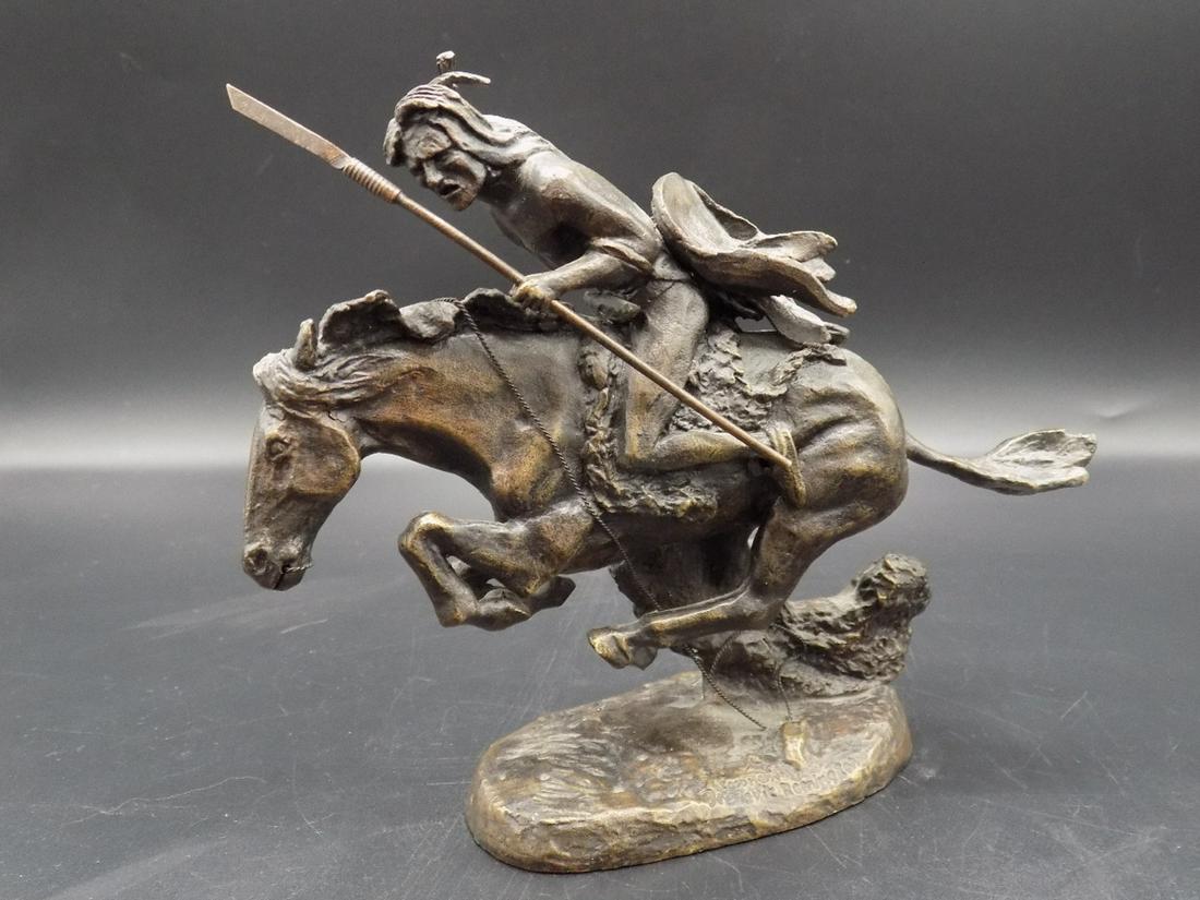 Signed Remington bronze, The Cheyenne: Signed Remington bronze, The Cheyenne. An official issue of the Frederic Remington art museum 1988 The Franklin Mint. In good original as found condition. Measures 5 ½” t