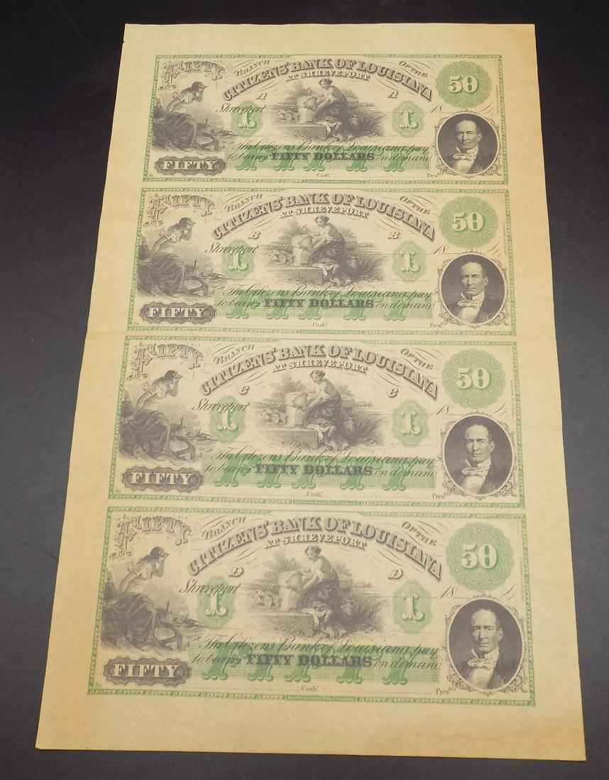 Uncut sheet of American Bank Notes: Uncut sheet of American Bank Notes. Citizens’ Bank Of Louisiana. Mid-1800’s. Four $50.00 bills. In good original as found condition. Please see photos to grade for yourself. Measures approx... 13 