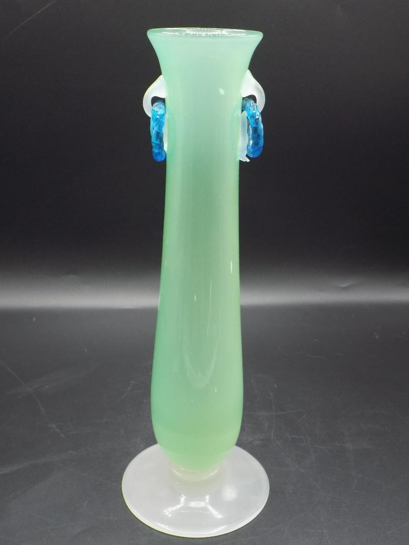 Beautiful vintage Steuben art glass vase. Jade,: Beautiful vintage Steuben art glass vase. Jade, alabaster and blue in colors. Unsigned. In good as found condition. Has a small chip on white near bottom of blue ring. Has several air bubbles under gl