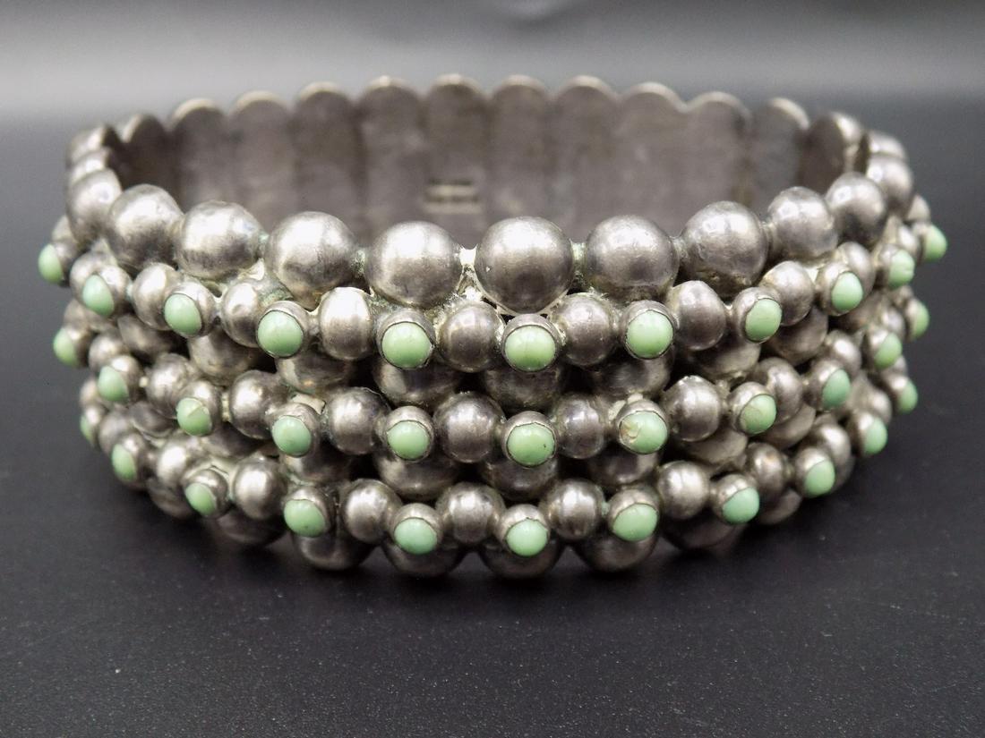 Beautiful vintage green turquoise and silver beaded: Beautiful vintage green turquoise and silver beaded bracelet. All connected. Marked Mexico Silver. Tested as sterling. In very good original as found condition. Measures 8 ½” around