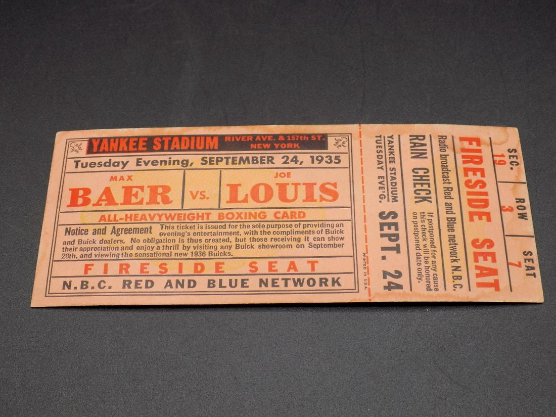 1935 Joe Louis VS Max Baer boxing fireside seat ticket: Authentic 1935 Joe Louis VS Max Baer boxing fireside seat ticket. In good original as found condition. Great color and detail. Shows wear and writing on back as shown in photos