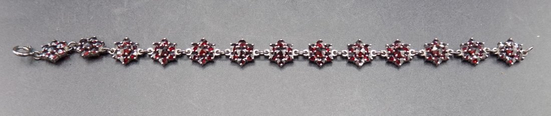 Antique Czech Bohemian Pigeon Blood Red Garnet Bracelet: Antique Czech Bohemian Pigeon Blood Red Garnet Bracelet in Silver. In good original as found condition. Beautiful colors. Measures 7 1/4 inches long.