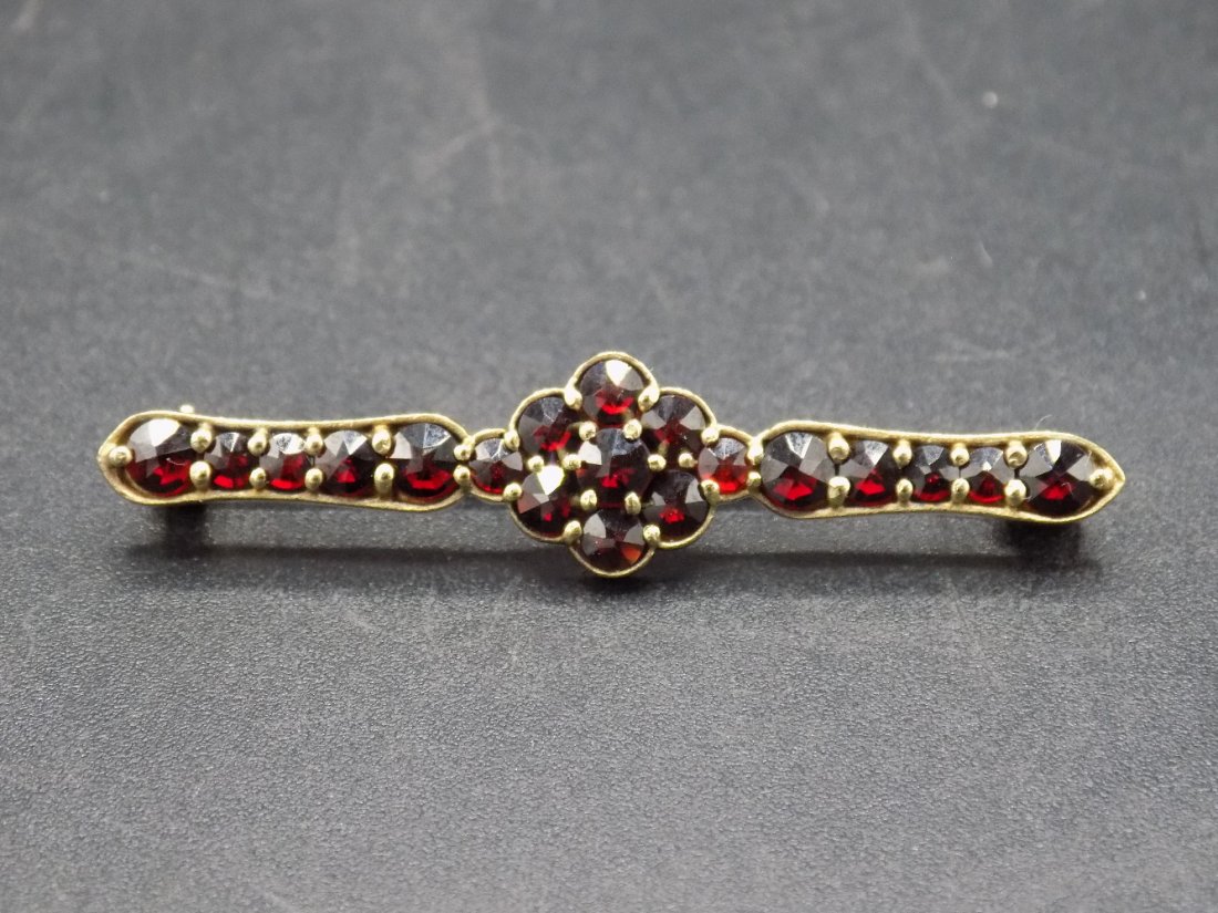 Antique Czech Bohemian Pigeon Blood Red Garnet pin: Antique Czech Bohemian Pigeon Blood Red Garnet pin in Silver. In good original as found condition. Beautiful colors. Measures 1 3/4 inches long.