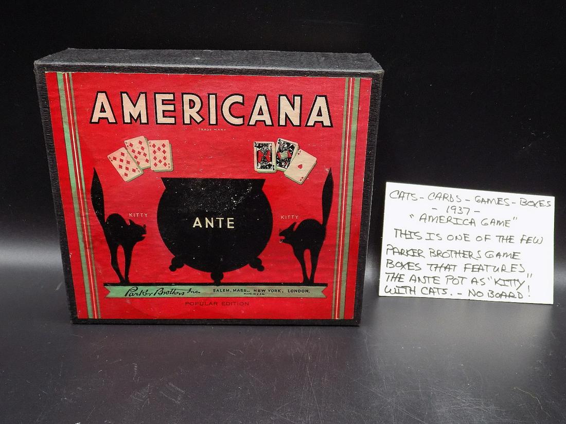 1937 Parker Bothers Cats game. America game in: 1937 Parker Bothers Cats game. America game in original box. No board. In very good original as found condition. Beautiful colors. Great quality and detail. Measures approx. (box) 5 ½” x 5