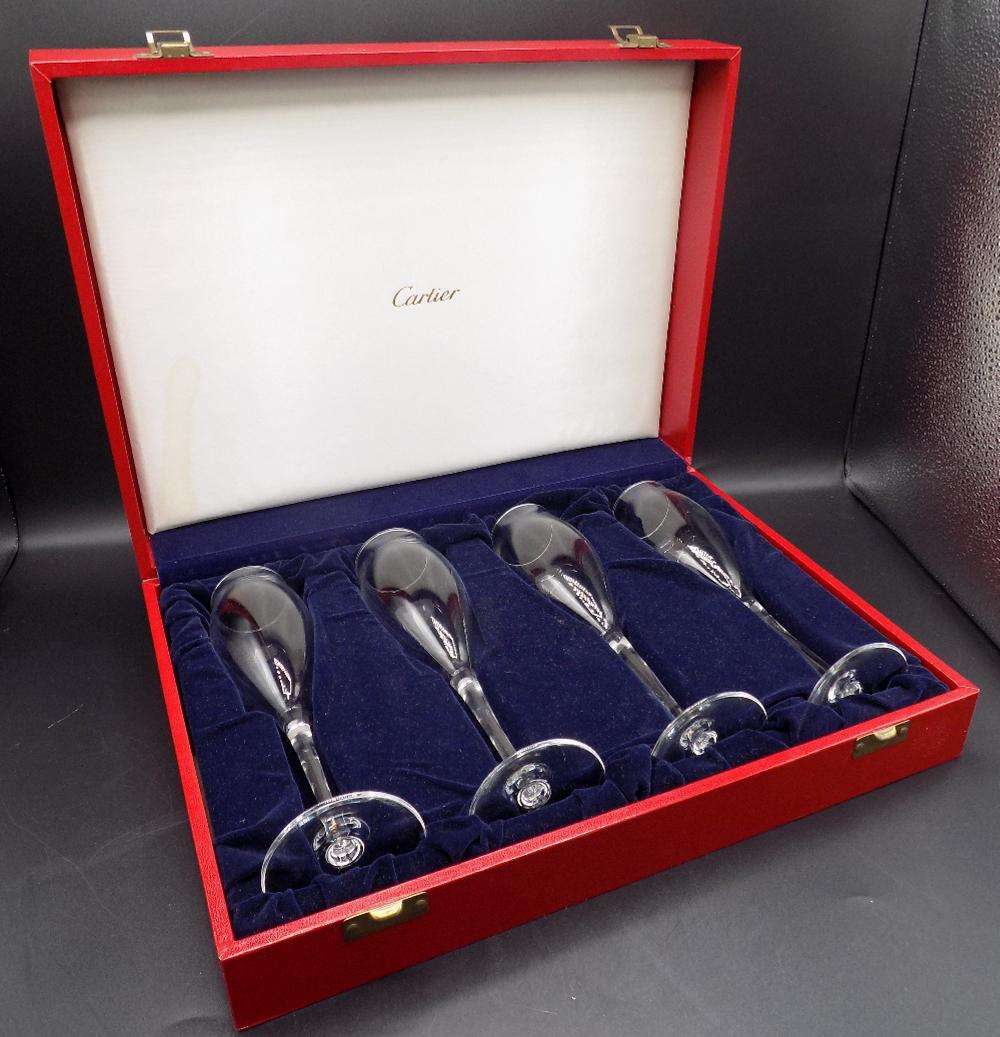 Great set of signed Cartier glasses in original box: Great set of signed Cartier glasses in original box. In very good original as found condition. Great quality and detail. Measures approx. 8 3/4” tall x 1 3/4” wide at top of glass