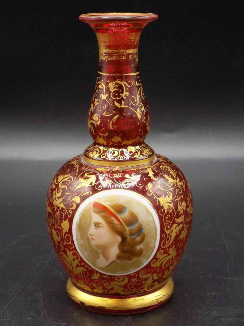 Splendid Victorian Moser art glass vase with portrait.: Splendid Victorian Moser art glass vase with portrait. Hand decorated cranberry glass. In very good original as found condition. Great quality and detail. Measures approx. 4 5/8” tall
