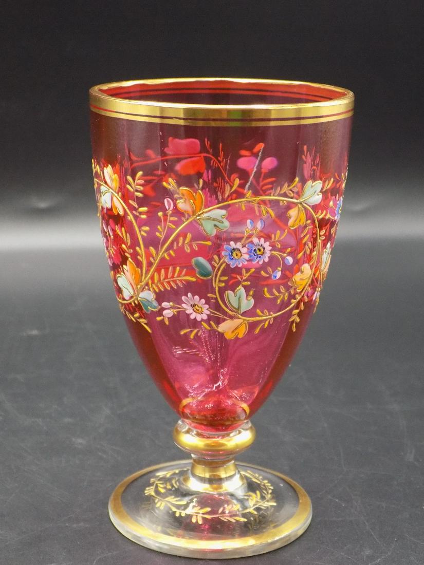 Splendid Victorian Moser art glass vase.: Splendid Victorian Moser art glass vase. Enamel hand decorated cranberry glass. In very good original as found condition. Great quality and detail. Measures approx. 5” tall