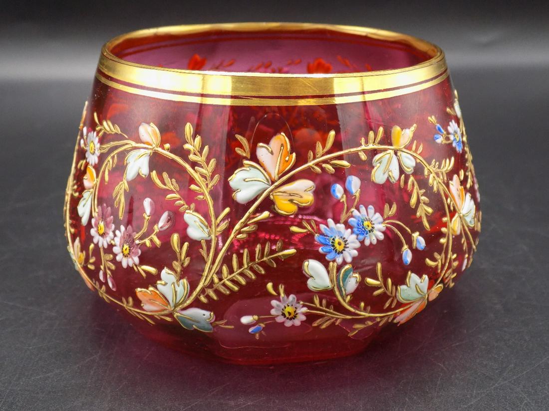 Splendid Victorian Moser art glass bowl: Splendid Victorian Moser art glass bowl. Enamel hand decorated cranberry glass. In very good original as found condition. Great quality and detail. Measures approx. 2 3/4” tall x 4 1/4