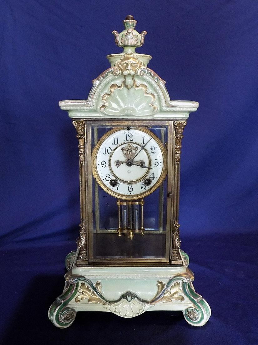 Rare Ansonia china Crystal Regulator Mantle Clock: Rare Ansonia china Crystal Regulator Mantle Clock. In very good original as found condition and running. Beautiful colors with Great quality and detail. Measures 18 ½ tall by 10 inches wide and 8 ½ 