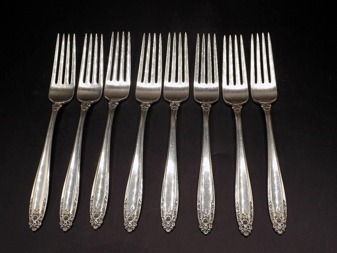 Eight sterling International Prelude dinner forks: Eight sterling International Prelude dinner forks. In very good original as found condition. Great quality and detail. Measures approx. 7 3/8”. Weighs 358 grams
