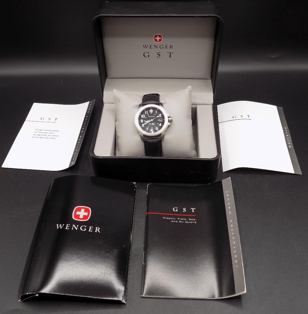 Wenger GTS Chronograph wristwatch in original case: Wenger GTS Chronograph wristwatch in original case. Original instructions. In very good original as found condition. Great quality and detail. 1 ½” dial. Wear to case as shown in photo