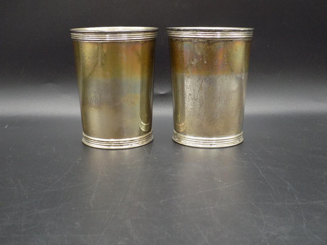 Two vintage sterling Manchester Silver Co. drinking: Two vintage sterling Manchester Silver Co. drinking cups. In very good original as found condition. Great quality and detail. Pair weigh approx. 246 grams. Measure approx. 3 3/4” tall x 2 3/8””