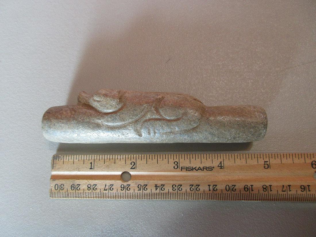 Native American Indian carved stone pipe: Native American Indian carved stone pipe. Please use photos to judge condition and age. As found condition. Nice quality and detail. Measures approx. 4 ¾”.