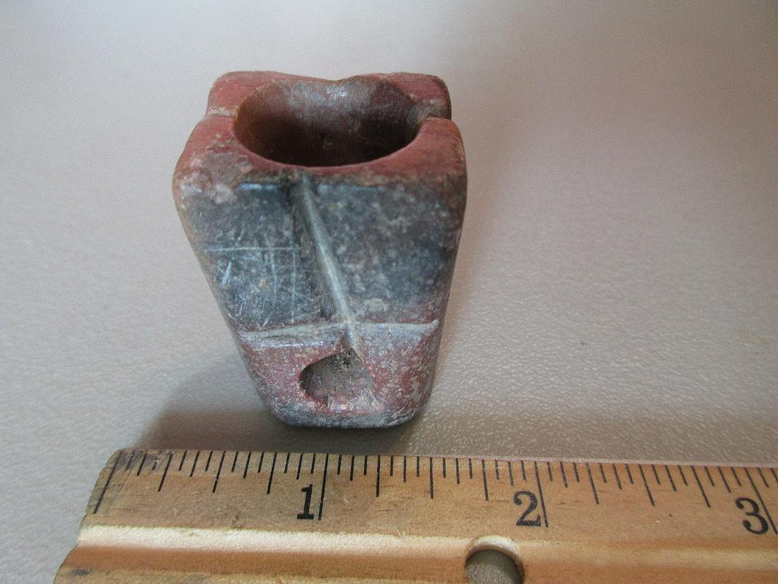Native American Indian carved stone pipe: Native American Indian carved stone pipe. Please use photos to judge condition and age. As found condition. Nice quality and detail. Measures approx. 1 ½”.