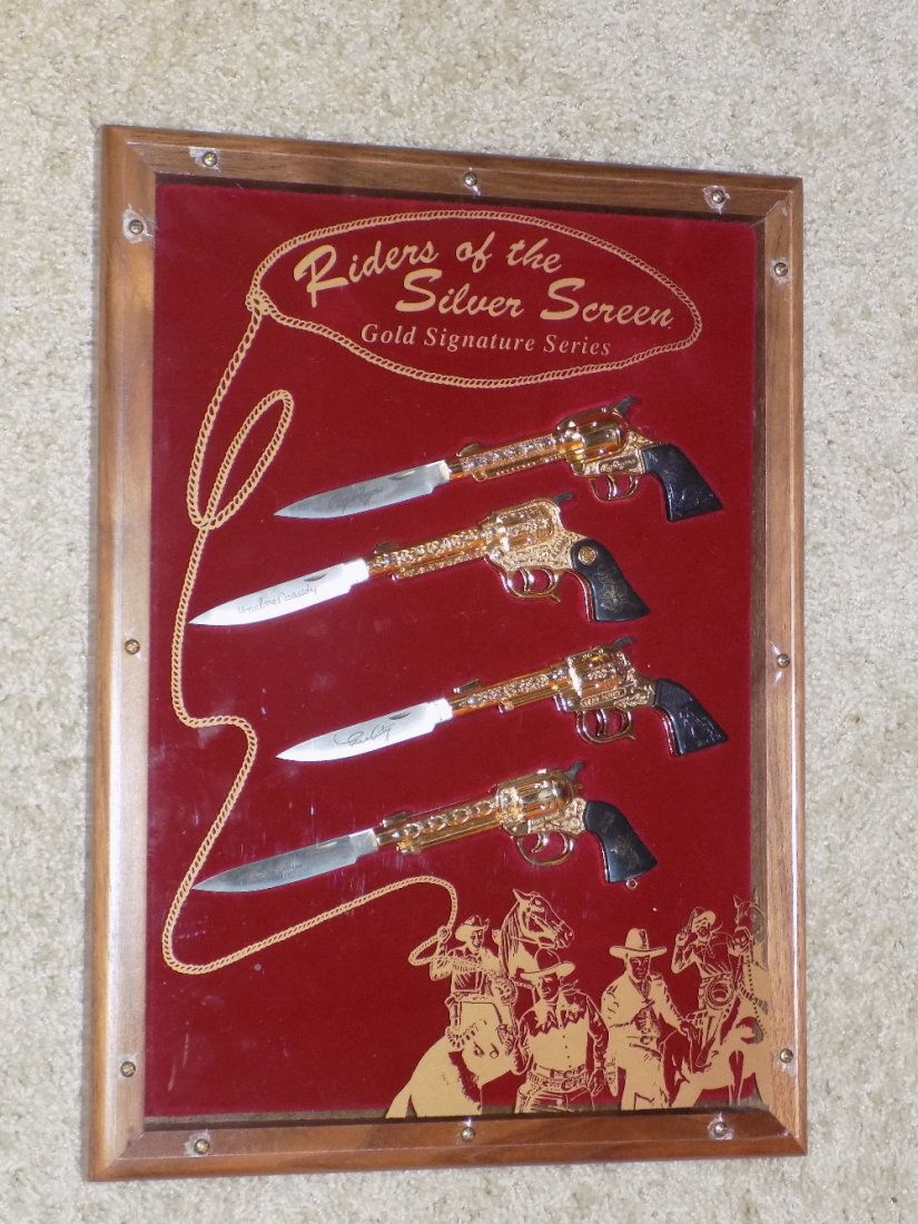 Riders of the Silver Screen Gold Signature Series: Riders of the Silver Screen Gold Signature Series. Neat display of Gun Knives. Marked Roy Rogers, Hopalong Cassidy Gene Autry and Lone Ranger inscribed on blades. No condition problems. Looks to be ma