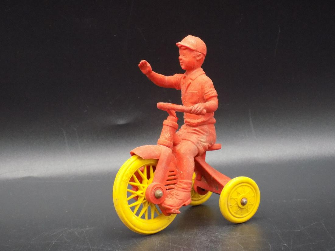 Vintage Auburn Child on Tricycle toy: Vintage Auburn Child on Tricycle toy. Great quality and detail. Original as found condition as shown in photos. Measures 3” tall