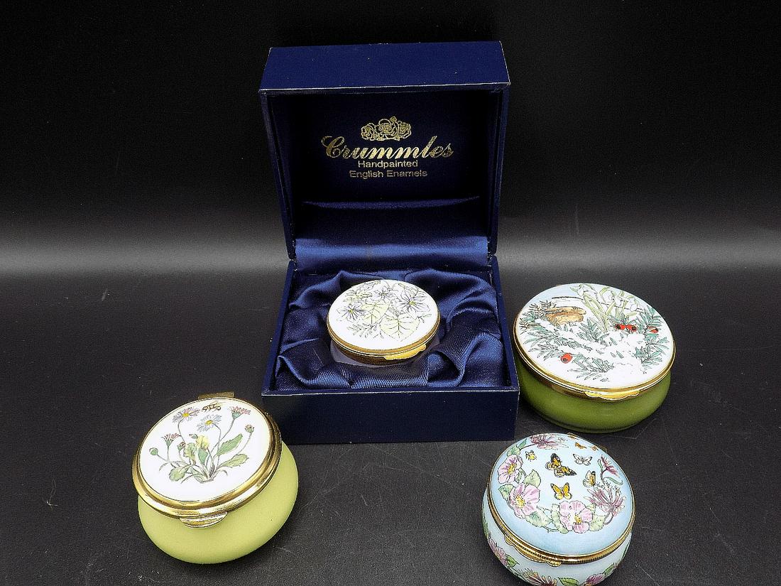 Collection of 4 hand painted enameled jewelry boxes: Collection of 4 hand painted enameled jewelry boxes. Beautiful colors and details as shown in photos. No condition problems. Largest measures 2 ½” x 1 ½” tall