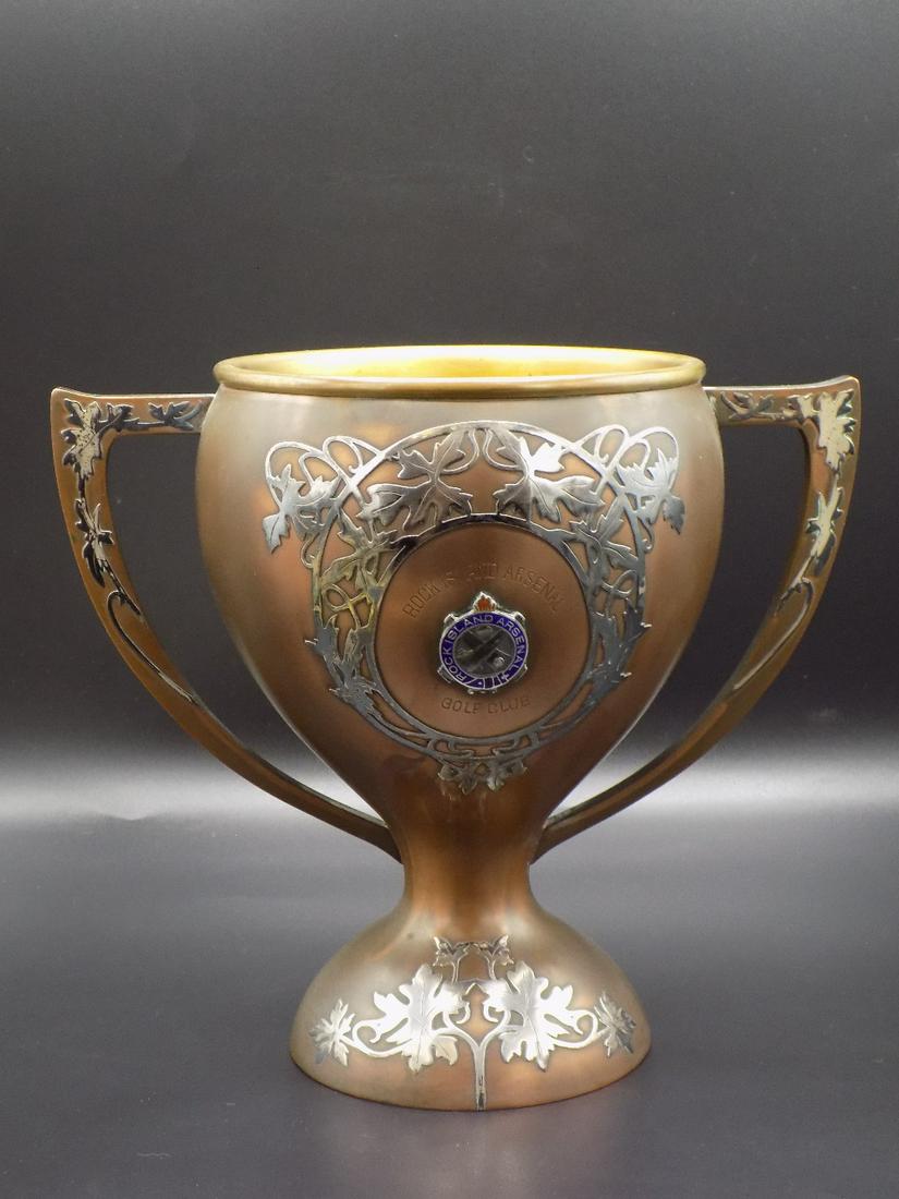 Ornate Rock Island Arsenal Golf Trophy Labor Day Cup: Ornate Rock Island Arsenal Golf Trophy Labor Day Cup 1917. Copper with fancy sterling silver overlay as shown in photos. Makers mark on bottom. Measures 9 ¼” wide x 10 ½” wide at