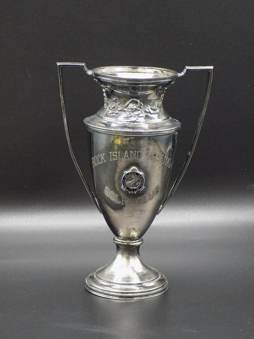 Fancy Rock Island Arsenal Golf Trophy 1923: Fancy Rock Island Arsenal Golf Trophy 1923. Makers mark on bottom Wallace Bros Co. as shown in photos. In very good as found condition with small dent on base as shown in photos. Measures 7 ¼&r