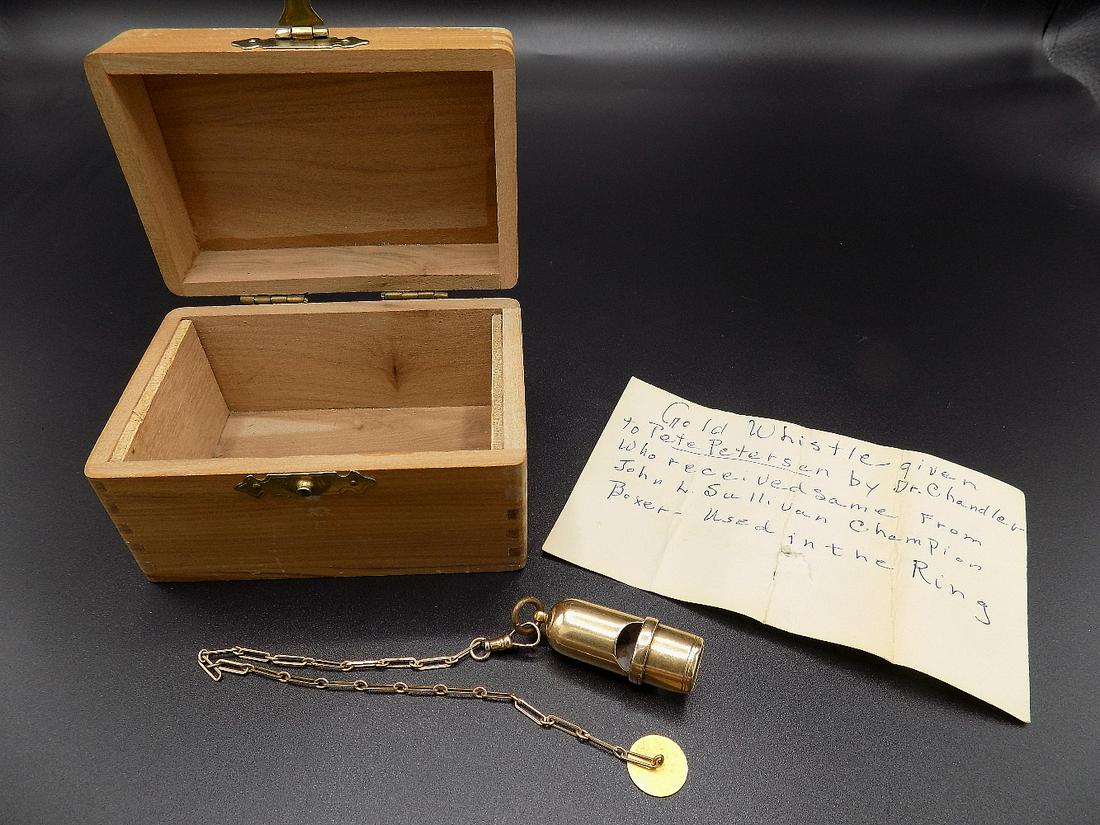 Rare 10k gold whistle and chain from John L. Sullivan: Rare 10k gold whistle and chain from John L. Sullivan Champion boxer. Used in the ring. Given to Peter Petersen by Dr. Chandler who received from John L. Sullivan. Provenance was written on notecard t