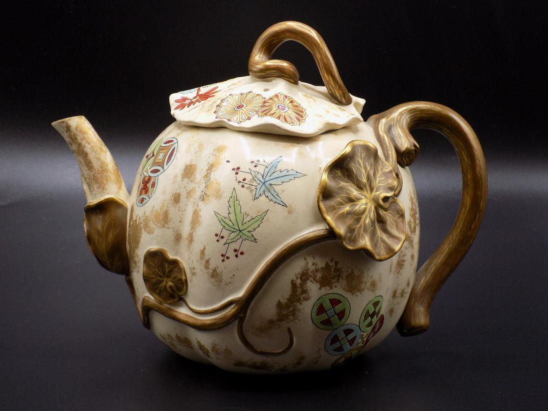Unusual Japanese style teapot by Royal Worcester 1880: Unusual Japanese style teapot by Royal Worcester 1880 design. In very good as found condition. Beautiful colors. Great quality and detail. Marked as shown in photos. Measures 6 ¼” tall x 3&