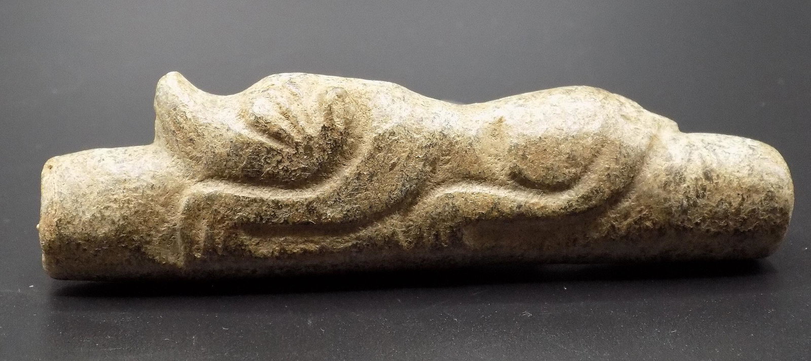 Excellent carved stone figural pipe: Excellent carved stone figural pipe. Carved animal on top. Please use photos to judge condition and age. Great quality and detail. Measures 4 1/8” long x 1 3/8” tall