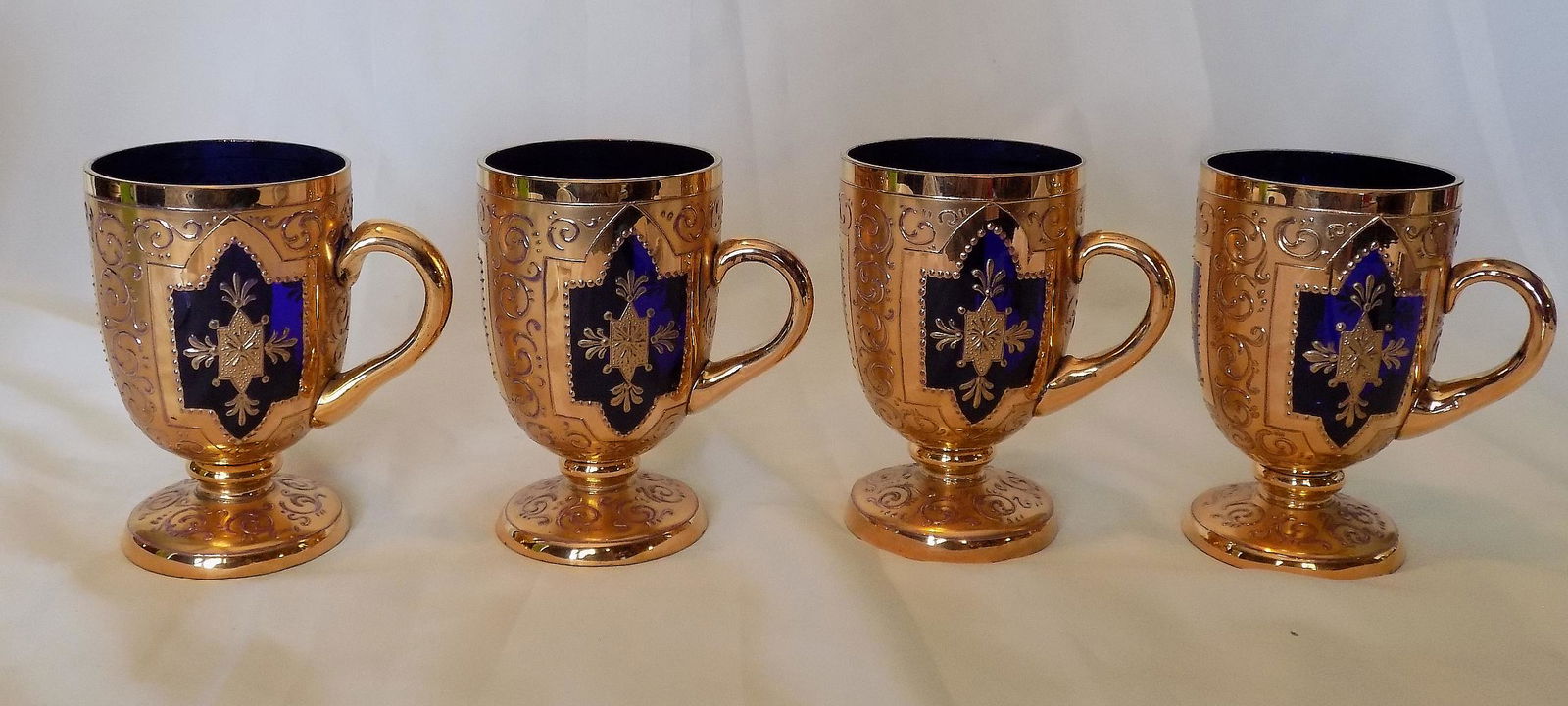 Rare Ornate Cobalt Blue & Gold Decorated Moser Set of 4 Cups. (1 of 11)