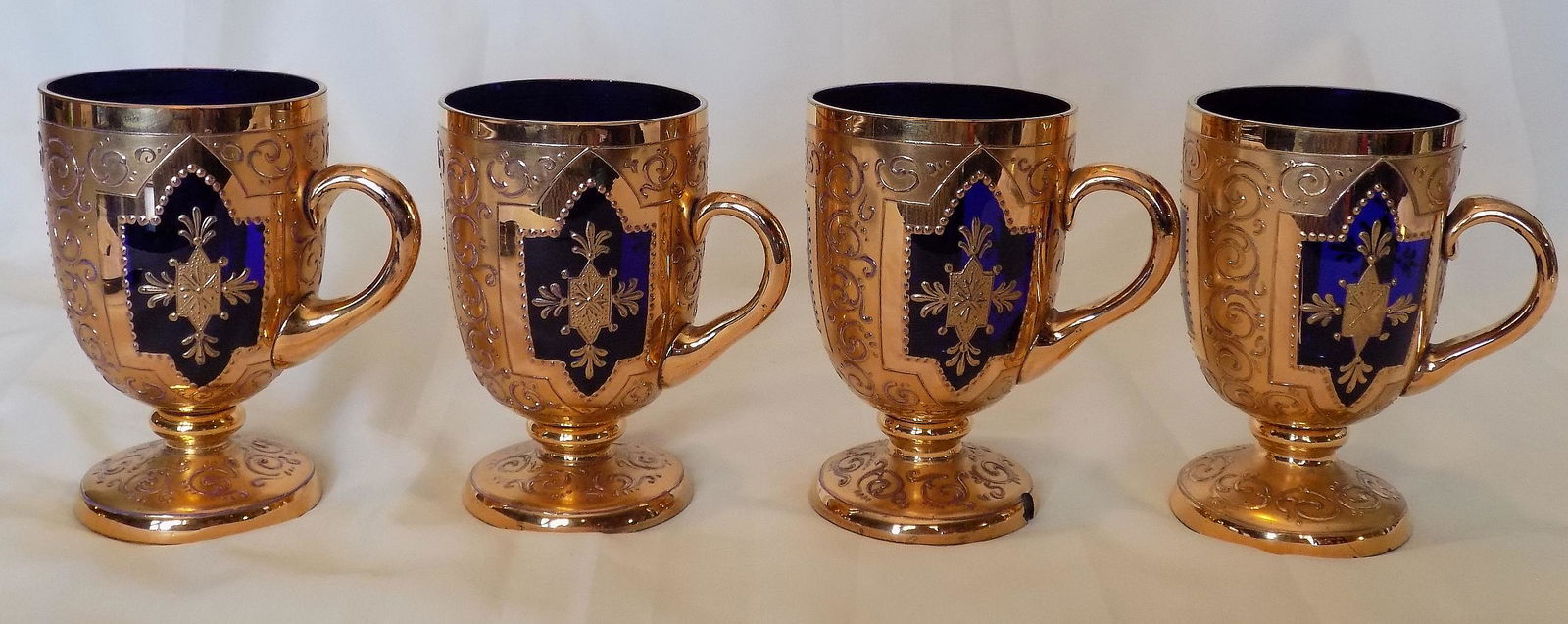 Rare Ornate Cobalt Blue & Gold Decorated Moser Set of 4 Cups (1 of 8)