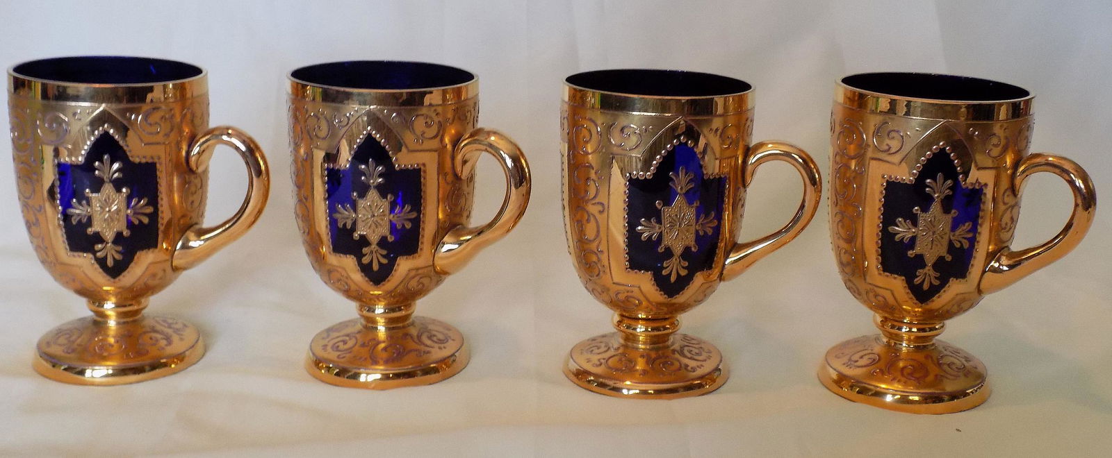 Rare Ornate Cobalt Blue & Gold Decorated Moser Set of 4 Cups (1 of 10)
