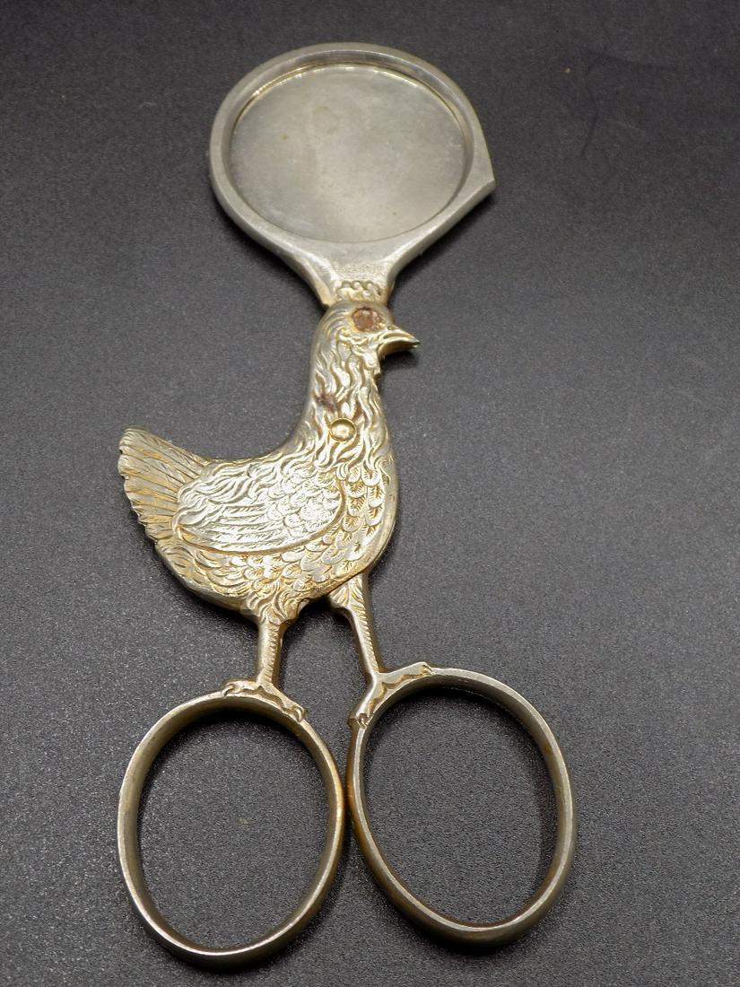Unusual vintage figural egg clipper with chicken: Unusual vintage figural egg clipper with chicken. In very good condition with wear normal from use and age. Early 1900’s, possibly late 1800’s. Approx. 5”. 1 ½” at egg cut
