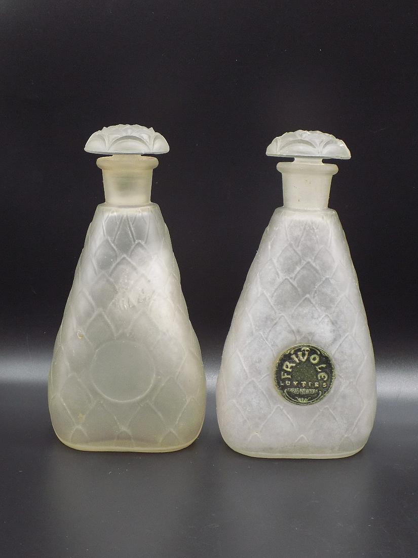 vintage Frivole Luyties Paris New York art glass perfume bottles: Pair of vintage Frivole Luyties Paris New York art glass perfume bottles. Satin glass with diamond quilt design. One has label as shown in photo. Bottles in very good original condition. One stopper h