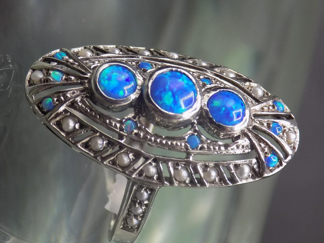 3 cwt. blue fire opal & pearl .925 sterling silver ring (1 of 4)