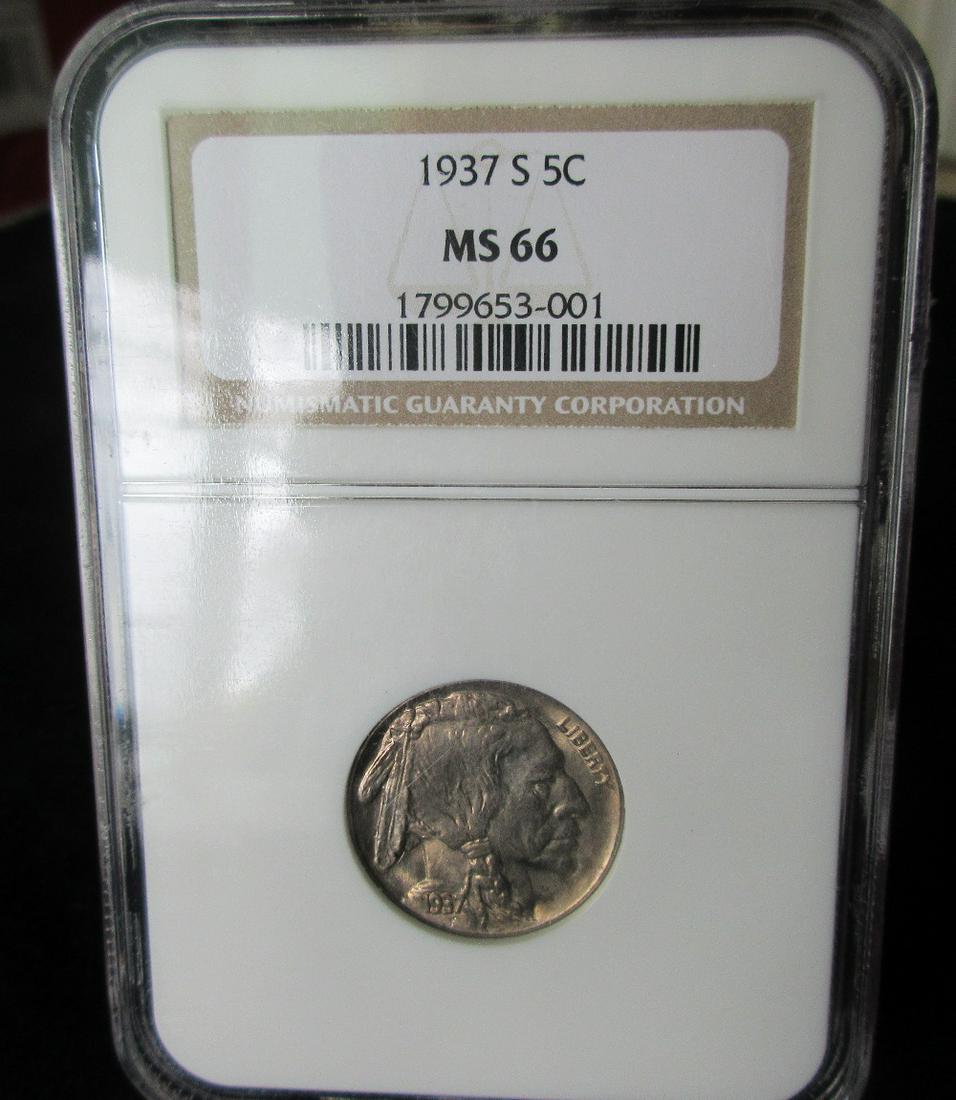 1937 S Graded NGC MS66 Buffalo Nickel.: 1937 S Graded NGC MS66 Buffalo Nickel. White spot in photo is a light reflection