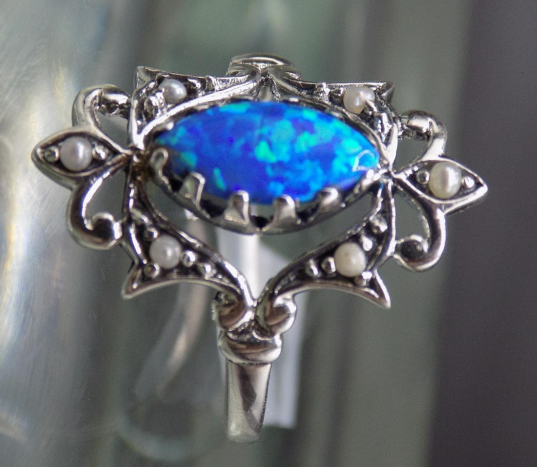 1 cwt. blue fire opal & pearl .925 sterling silver ring (1 of 3)