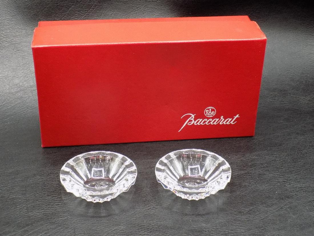 Pair signed Baccarat salts in original box: Pair signed Baccarat salts in original box. Marked on bottom as shown in photos. In very good original as found condition. Great quality & detail. (Has camera light reflection in some photos.) Salts 2