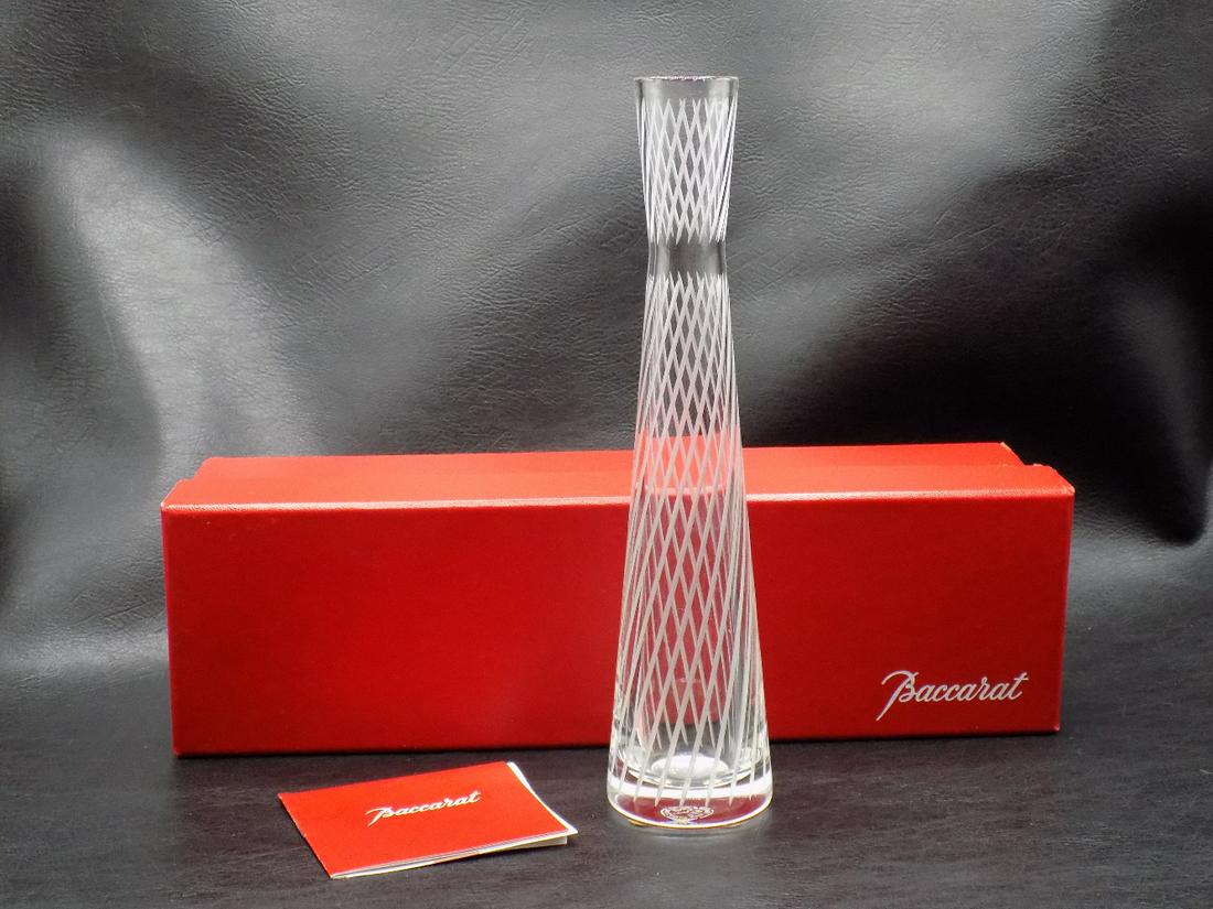 Vintage Baccarat MIKADO PASSION vase with cut swirl in original box: Vintage Baccarat MIKADO PASSION vase with cut swirl in original box. Marked on bottom as shown in photos. Cut swirl design. Great quality & detail. In very good original as found condition. 9 inches t