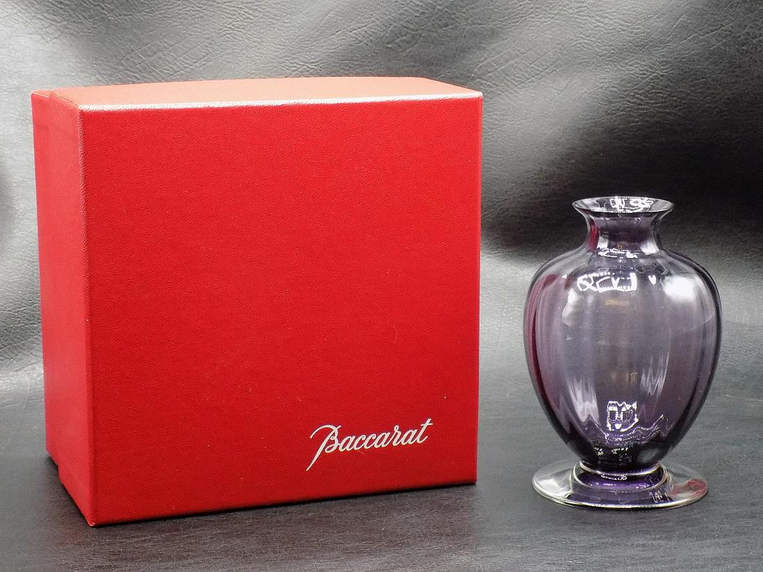 Signed Baccarat Aquarelle amethyst art glass vase in original box.: Signed Baccarat Aquarelle amethyst art glass vase in original box. Marked on bottom as shown in photos. In very good original as found condition. Great quality & detail. 4 ½ inches tall x 2 &fr