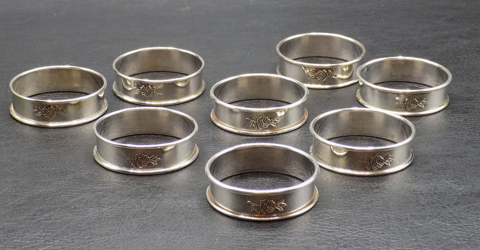 Vintage set of 8 Gorham sterling silver napkin rings with roses (1 of 3)