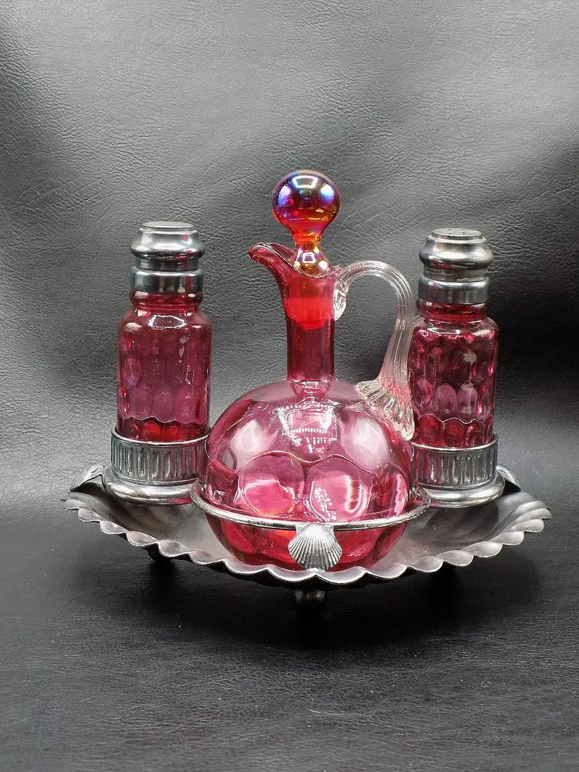 Elegant Victorian cranberry art glass condiment set (1 of 9)