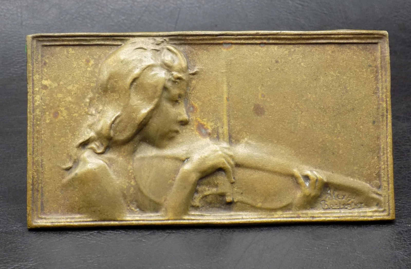 Antique artist signed bronze plaque of girl playing violin (1 of 5)