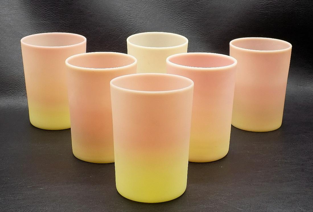 6 vintage Burmese glasses.: 6 vintage Burmese glasses. In good as found condition and. Beautiful colors with Great quality & detail. Measure 3 ¾ inches tall