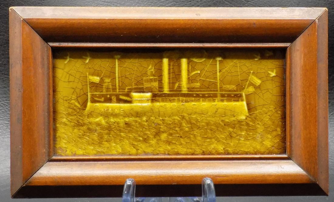 Unusual Historic USS Maine Battleship porcelain tile: Unusual Historic USS Maine Battleship porcelain tile. Three-dimensional relief. Maine written onside of ship. In very good original as found condition with normal crazing due to age. Looks to be made 