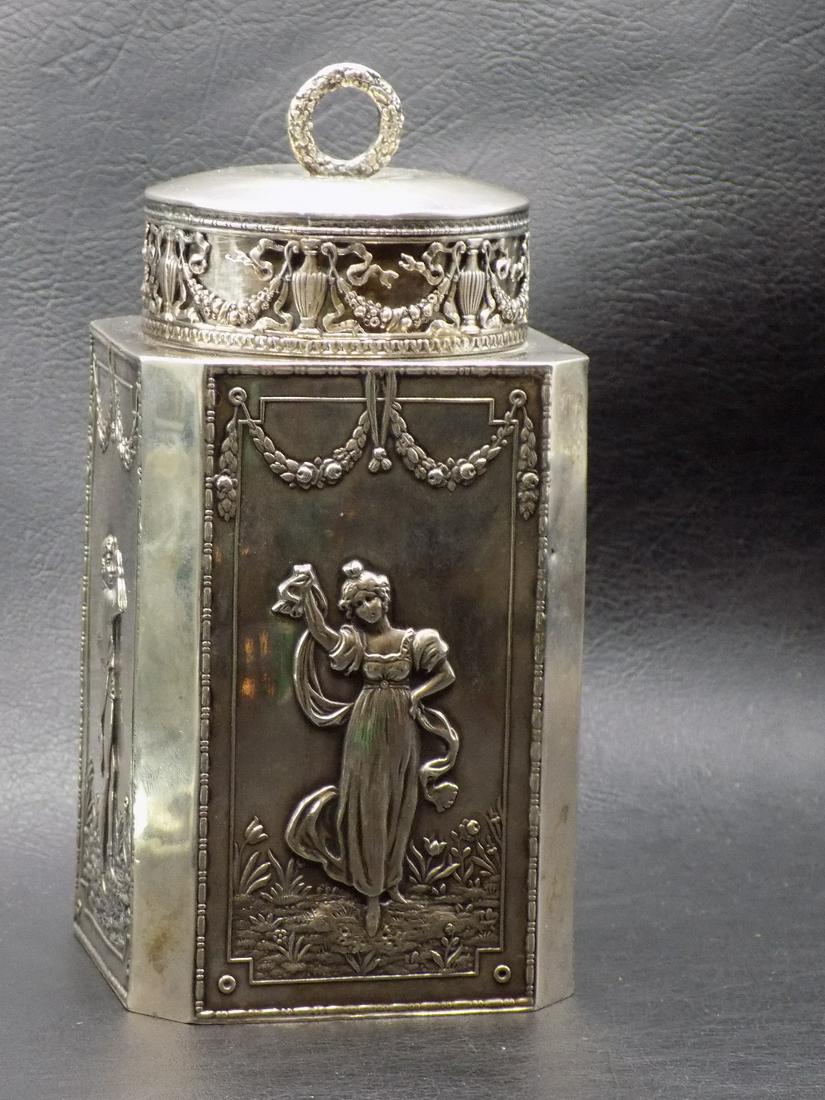 Elegant silver tea cady with figures.: Elegant silver tea cady with figures. Probably silver plate, no markings. Could be solid silver. In very good as found condition. Beautiful colors. Great quality and detail. Measures 6 ½ inches
