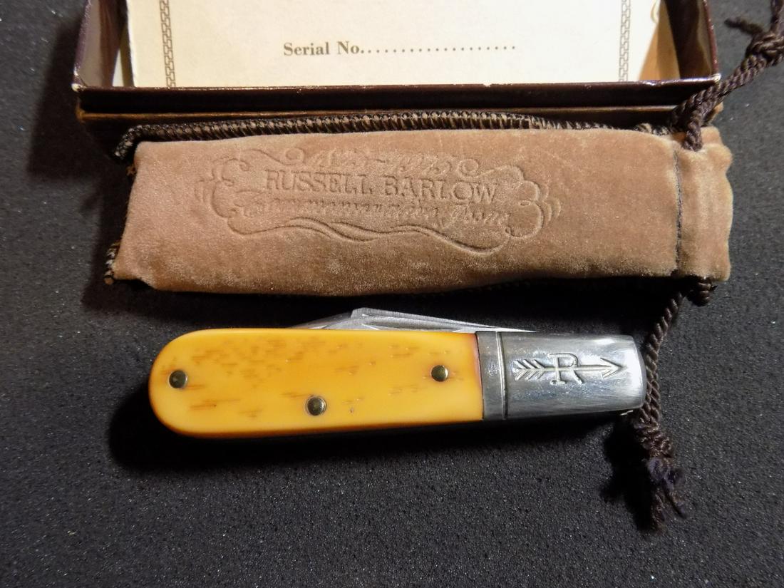Vintage Russell Barlow commemorative pocketknife: Vintage Russell Barlow commemorative pocketknife. 1875 to 1975 Marked on blade as shown in photos. With original cloth bag and box. In very good as found condition W ith Great quality & detail. Knife 