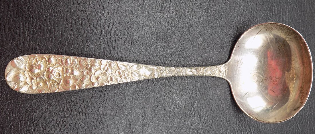 Ornate vintage Kirk Stief Repousse sterling ladle: Ornate vintage Kirk Stief Repousse sterling ladle . In very good as found condition, with great quality and detail. 7 ¼ inches long. 80