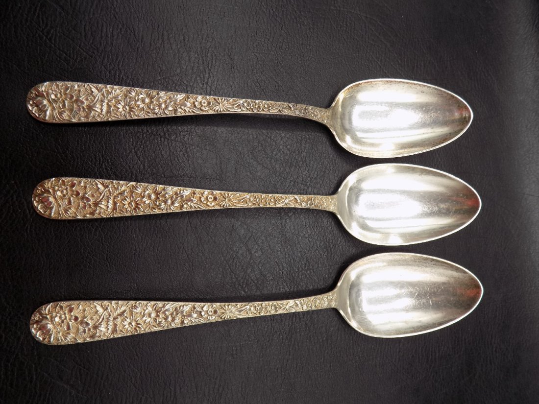 3 ornate vintage Kirk and Sons Repousse sterling serving spoons: 3 ornate vintage Kirk and Sons Repousse sterling serving spoons. Great quality and detail. 9 inches. Marked on back as shown in photo. No monograms. 236 gms.