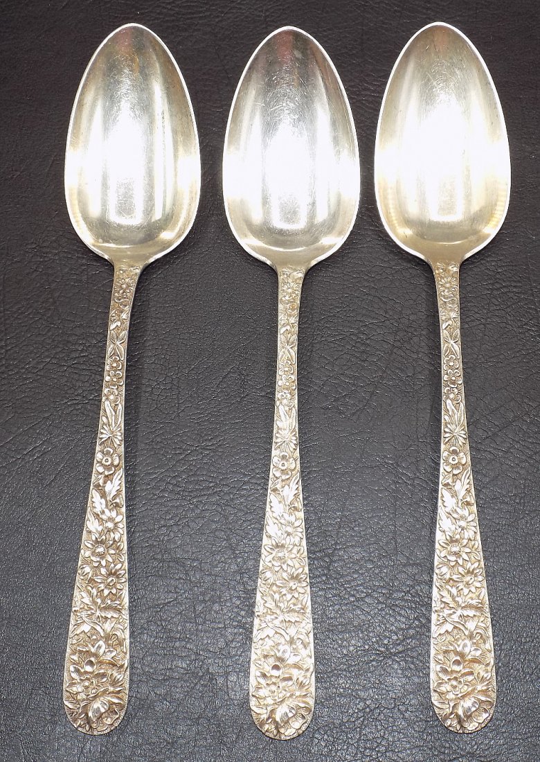 3 ornate vintage Kirk and Sons Repousse sterling serving spoons: 3 ornate vintage Kirk and Sons Repousse sterling serving spoons. Great quality and detail. 9 inches. Marked on back as shown in photo. No monograms. 236 gm