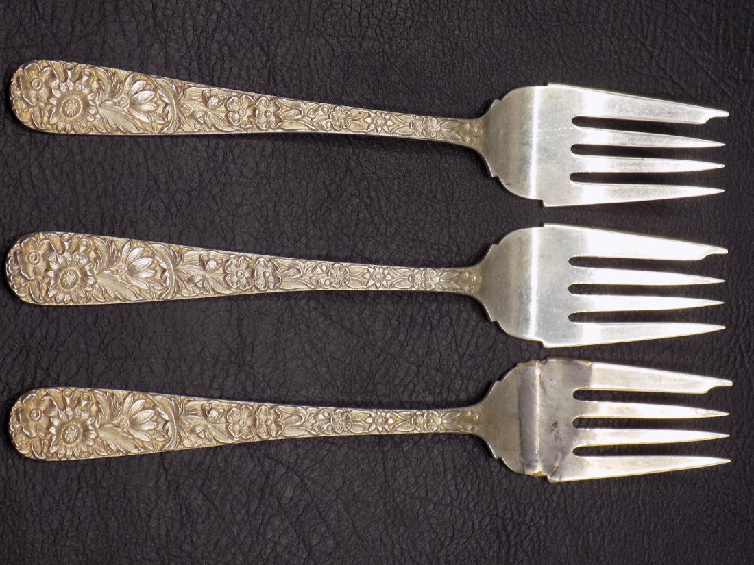 3 ornate vintage Kirk and Sons Repousse sterling salad forks: 3 ornate vintage Kirk and Sons Repousse sterling salad forks. Great quality and detail. 6 ¼ inches. Marked on back as shown in photo. No monograms. 106 gm